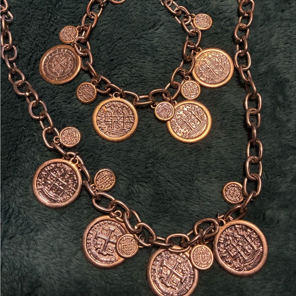Gold and Silver Coin Pendant Necklace and Bracelet Set